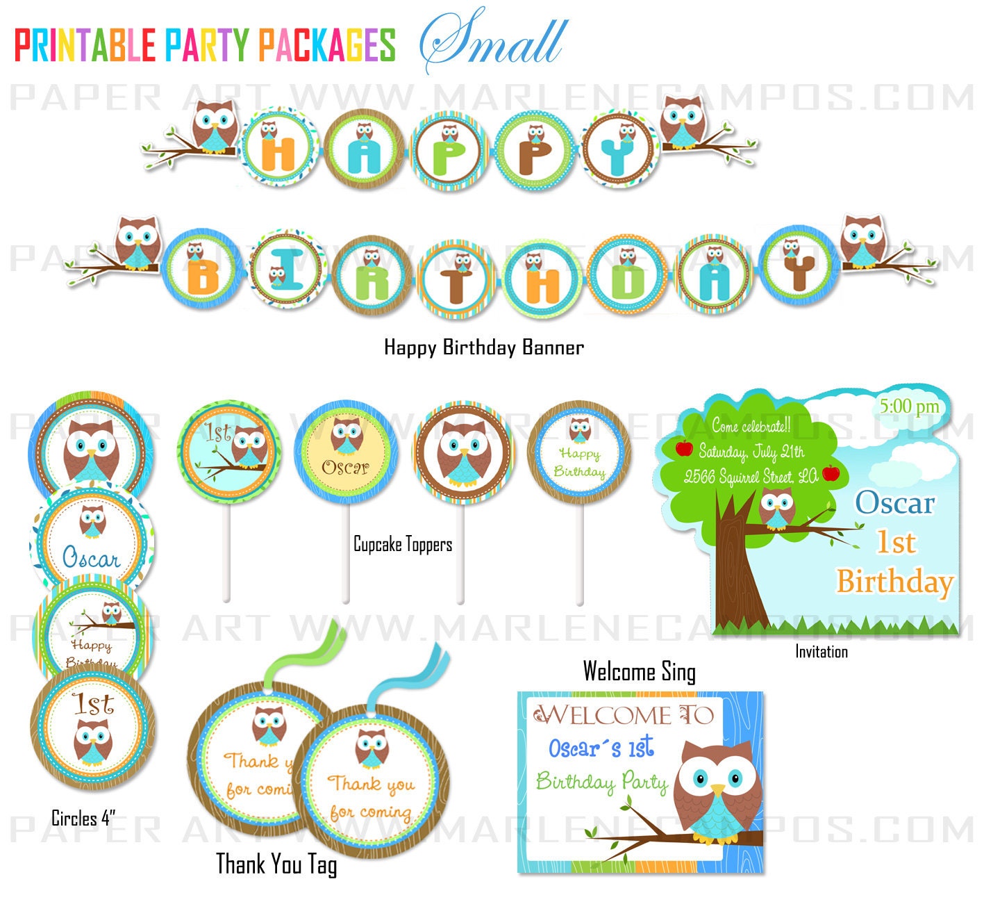PRINTABLE- Owl Boy Birthday Party - Small Collection Printable Party, Party Package Personalized - DIY - Custom -Paper Art by Marlene Campos