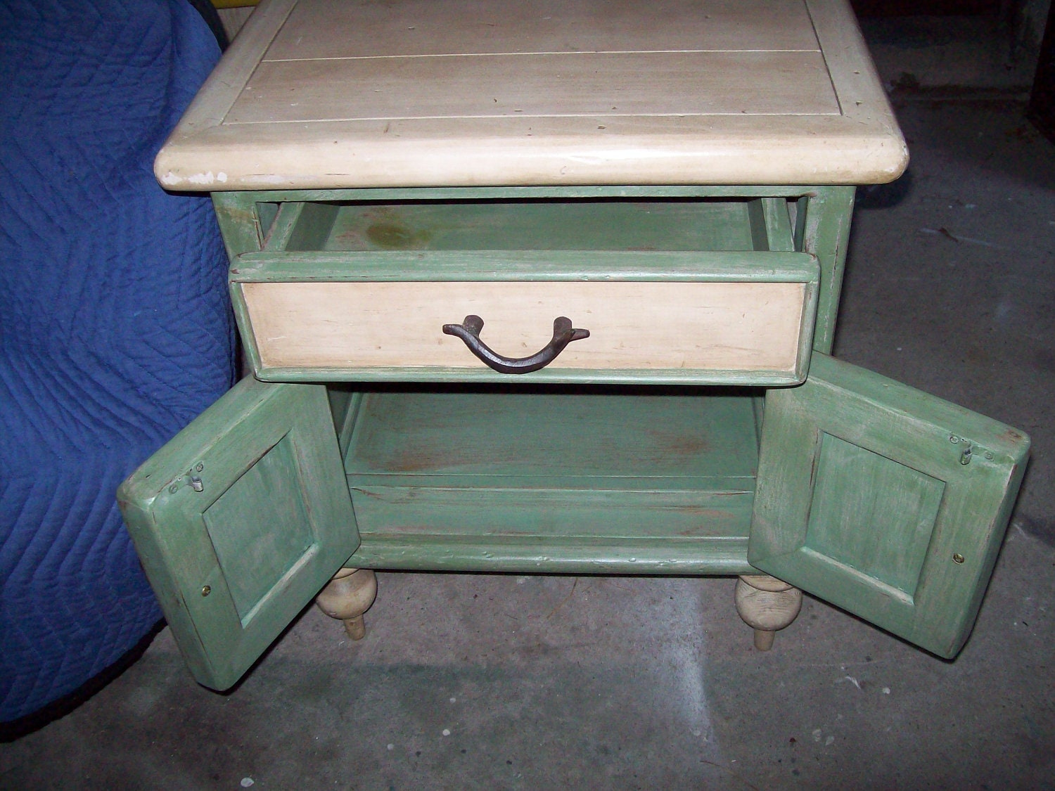 Pair of Bedside or End tables cabin cottage look green cream metal pulls twig acorns