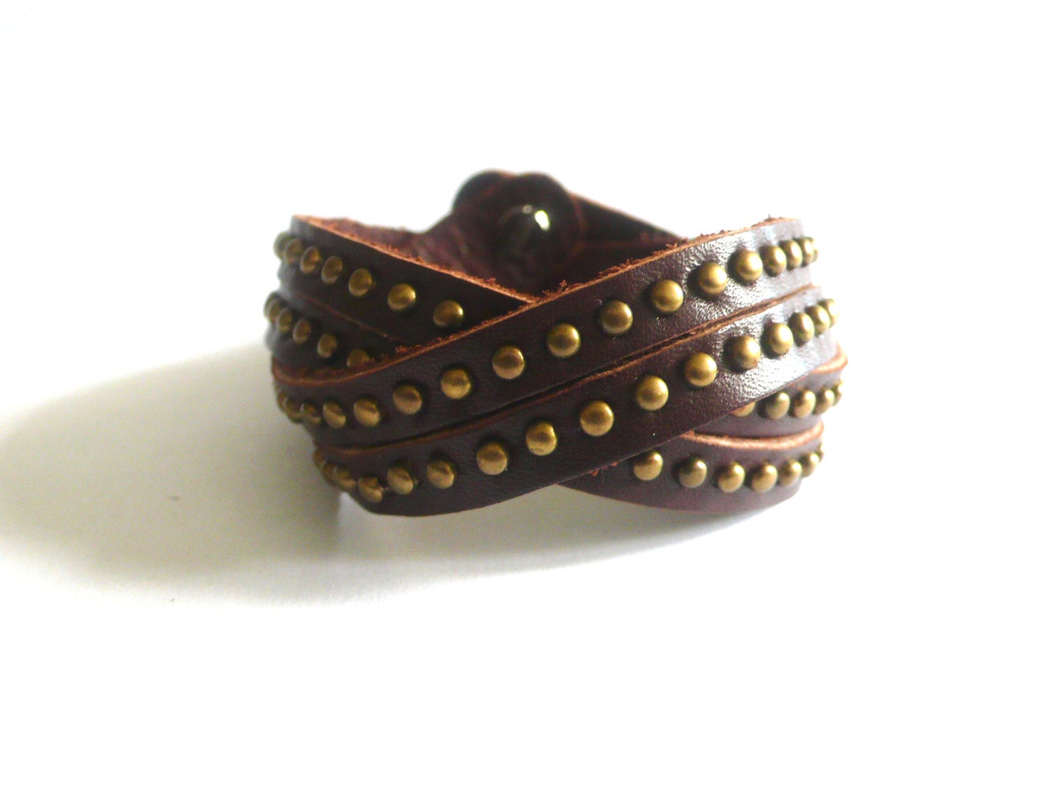 Dark Brown Leather Bracelet  With Copper Metal Rivets