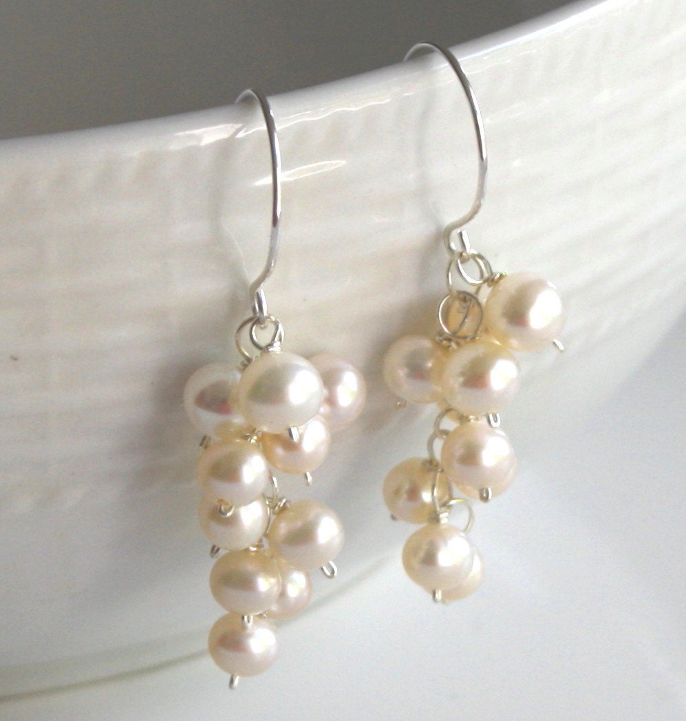 Pearl Cluster Earrings in White and Sterling Silver, Clip-on available handmade, bridal, wedding, classic