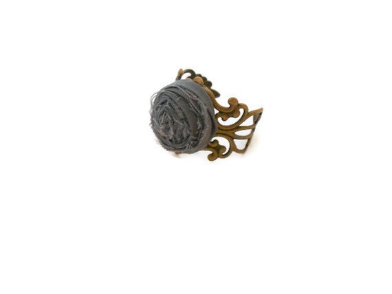 Adjustable romantic rosette ring GRAY wedding bridesmaid rings fabric jewelry