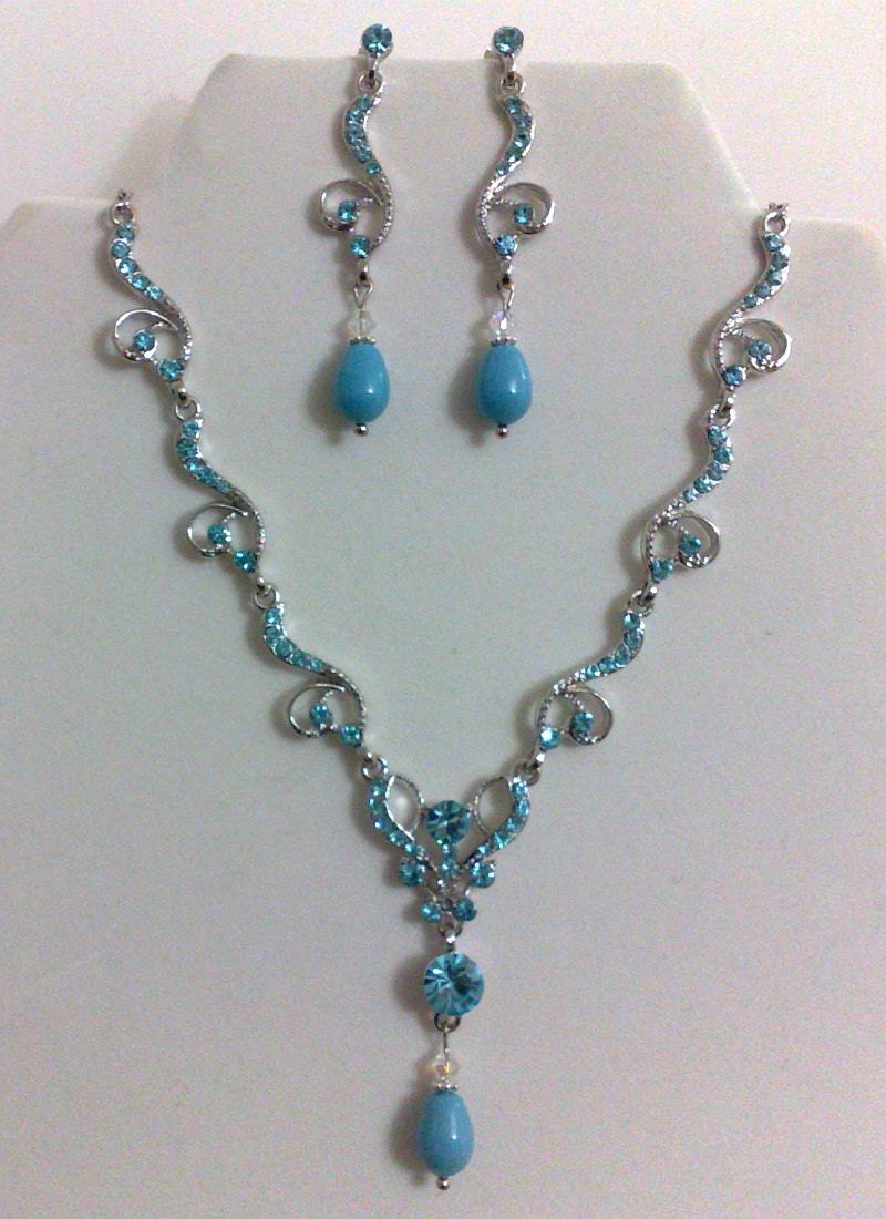 Aqua Blue Swarovski Earrings and Turquoise Pearl Necklace, Something Blue Rhinestone Crystal Wedding Jewelry, TIFFANY FIGURIA SET