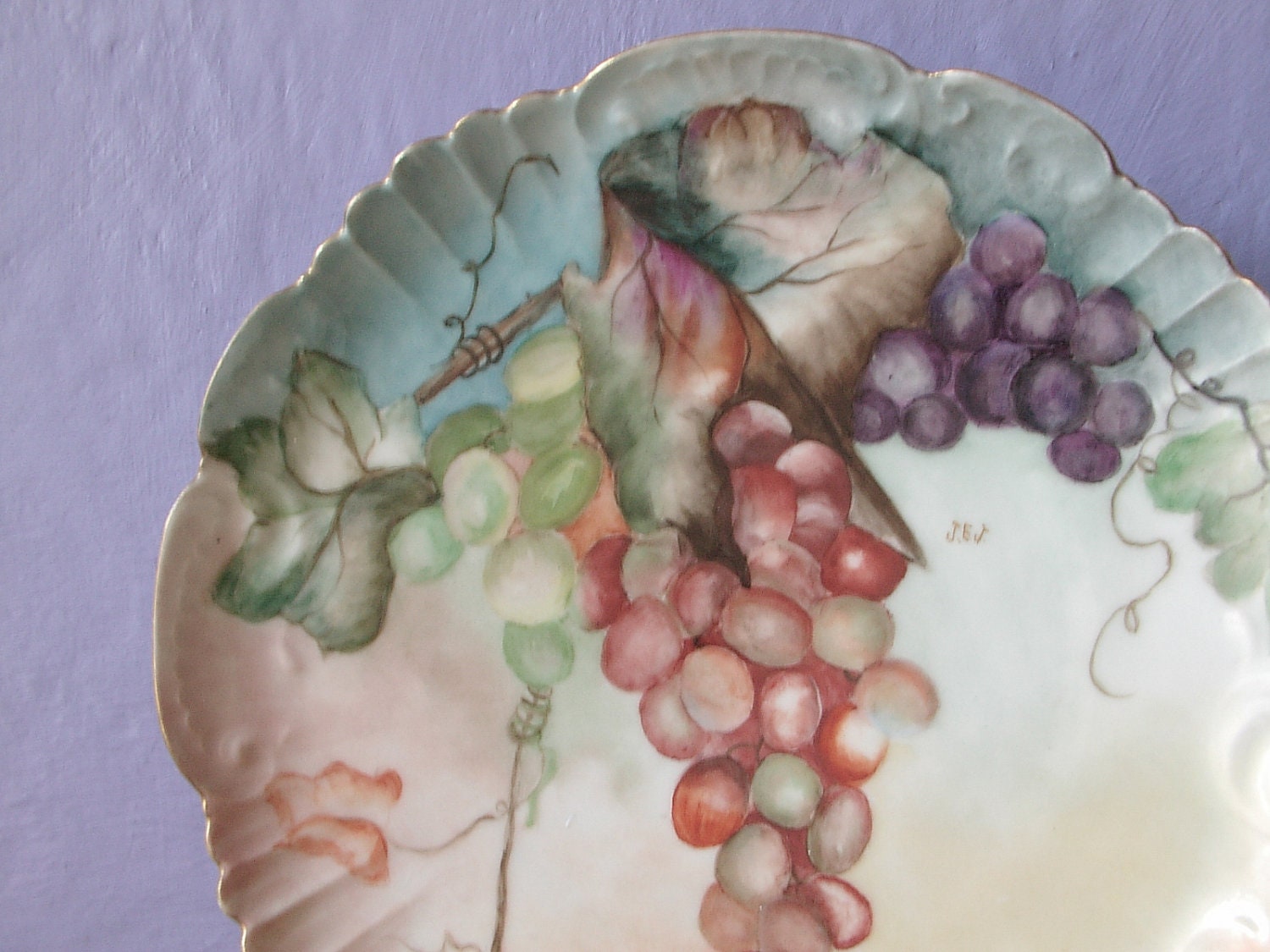 antique Limoges France hand painted decorative plate, signed, grapes fruit, victorian decor, wedding gift for bride, French porcelain plate