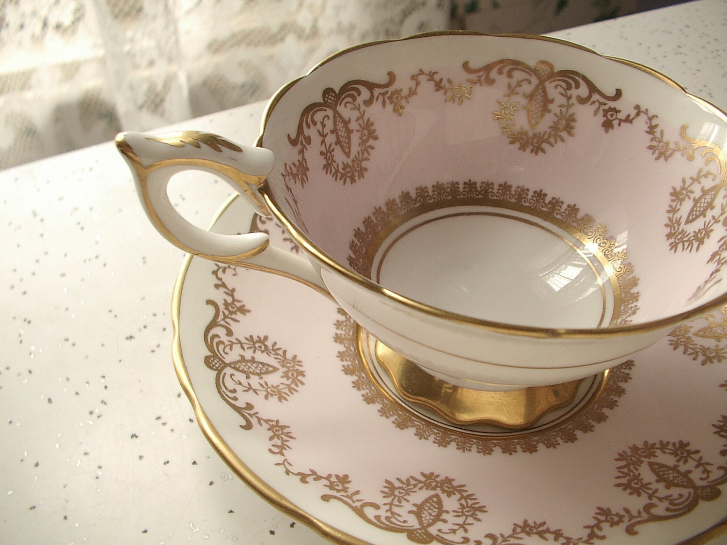 vintage pink and gold tea cup and saucer set, Royal Stafford English bone china tea set, art nouveau - ShoponSherman