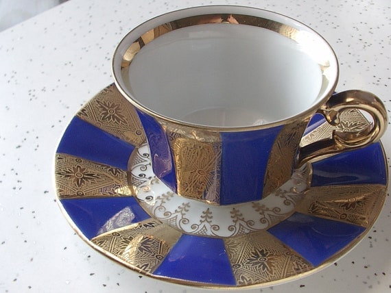 vintage art deco demitasse tea cup and saucer set, blue gold, winterling bavaria germany porcelain - ShoponSherman