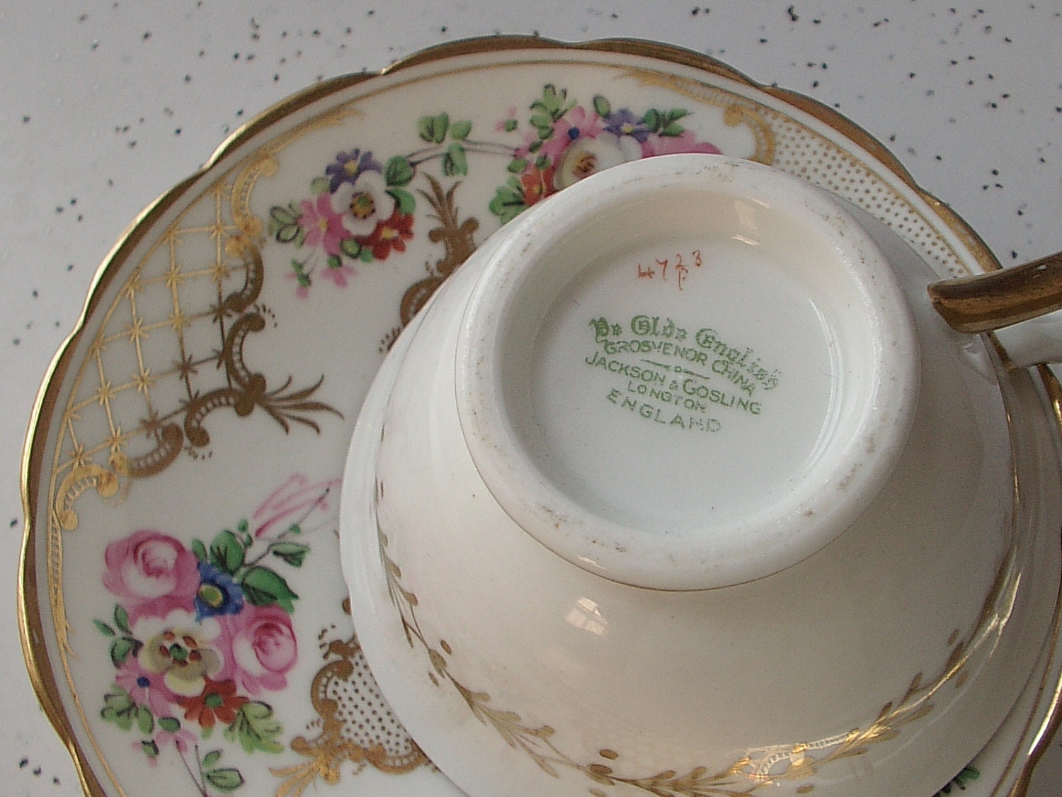 antique gold tea cup and saucer set, Jackson and Gosling Grosvenor Ye Olde English, vintage 1920's pink rose hand painted,RESERVED 4 olive