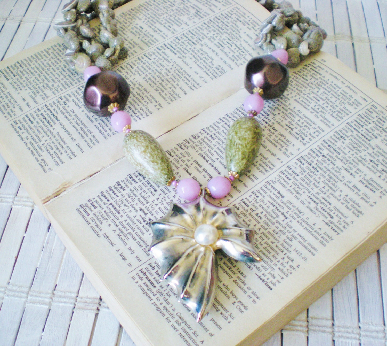 Mermaid Seashells Statement Necklace OOAK Moss Green Lilac & Black
