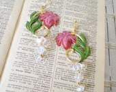 Stargazer Lily Brass Statement Earrings - Hand Painted - Crystal Dangle Beads