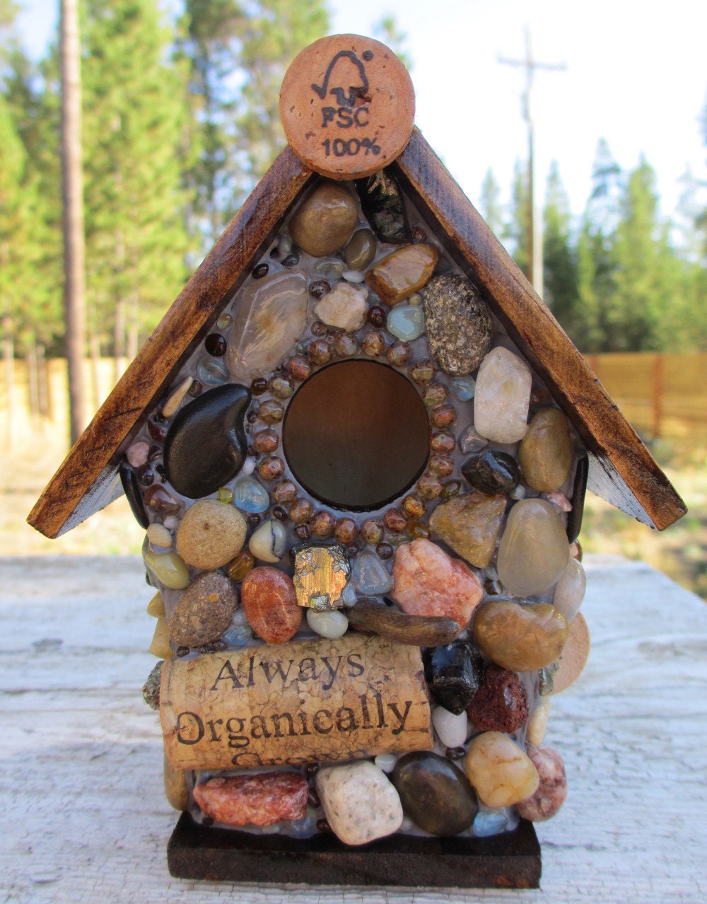 Organic Cork Birdhouse with Mosaic Stones