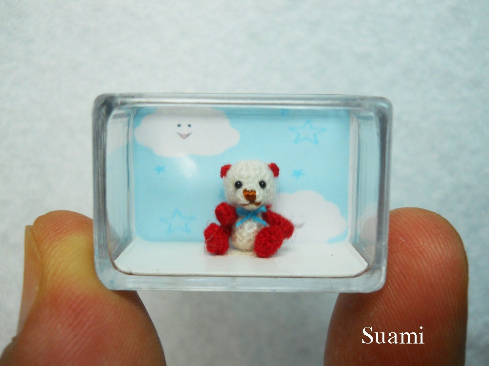 Micro White - Red Bear With Blue Bow - Tiny Crochet Miniature Teddy 1/2 Inch Scale - Made To Order