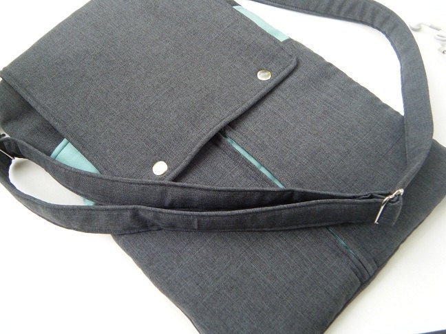 11, 13, 15 OR 17 inch for Macbook laptop bag-PADDED-Duck egg on grey with matching shoulder strap