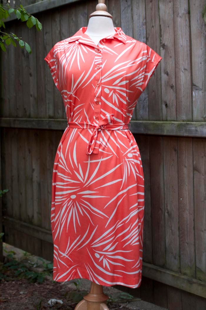 Vintage 60's/70's short sleeve Marty Gutmacher coral and white floral flamingo dress