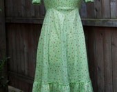 Vintage 70's green, red, white and yellow bohemian floral print peasant dress