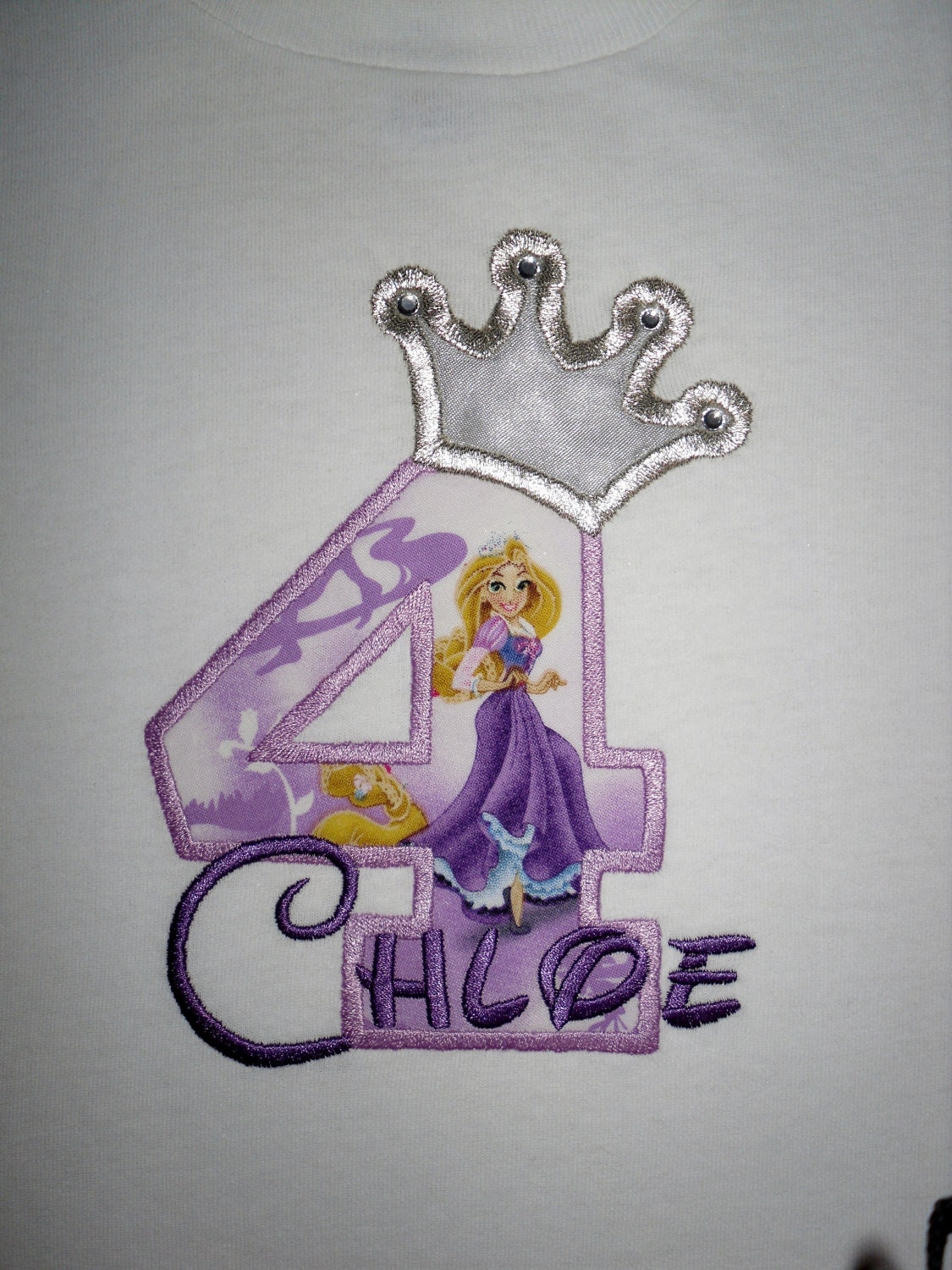 Design your own Birthday Number Princess Rapunzel character with crown and crystals applique t-shirt  - Personalized free