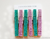 Aqua Green and Bubble Gum Pink Glitter Clothespins - Set of 5 - Large