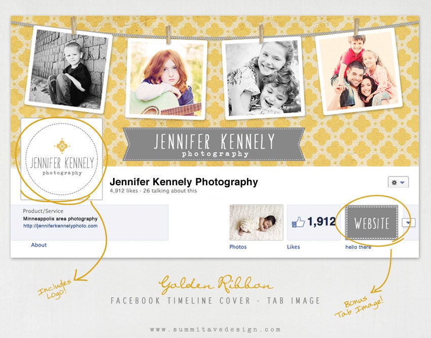 INSTANT DOWNLOAD Facebook Timeline Cover - tab button - Pre made logo - Photography Templates - Golden Ribbon by Summit Avenue