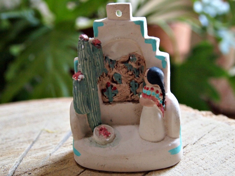 southwestern pueblo miniature ceramic wall art cactus shrine folk art