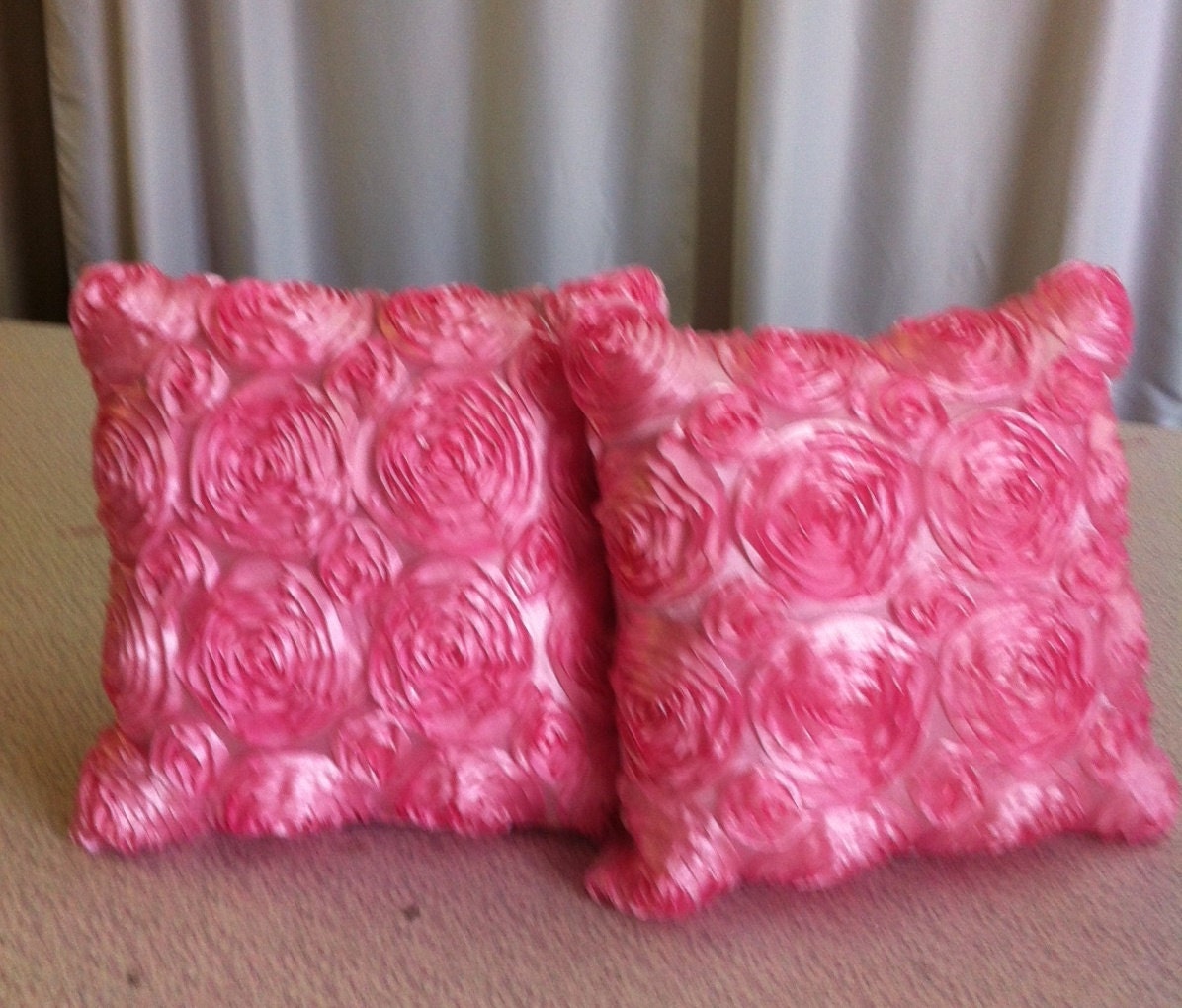 Custom Made Light  Pink  Satin Rosette Pillows Set of 2  16 x 16 with Inserts Included