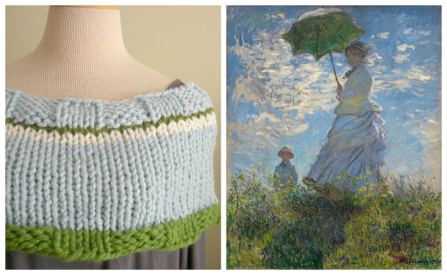 Knit Capelet Light Blue, Green, Cream Monet Inspired Wrap