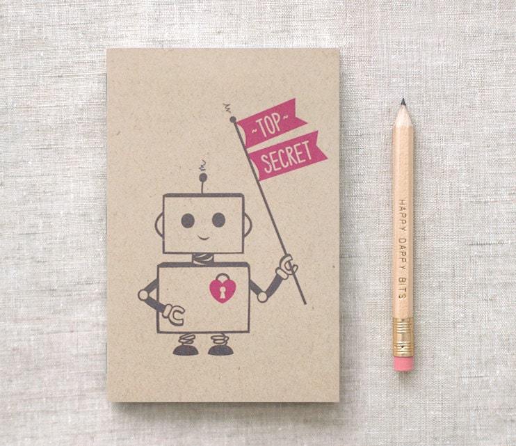 Mini Journal with Pencil - Top Secret Robot - Eco Friendly, Stocking Stuffer - Robot Sketchbook