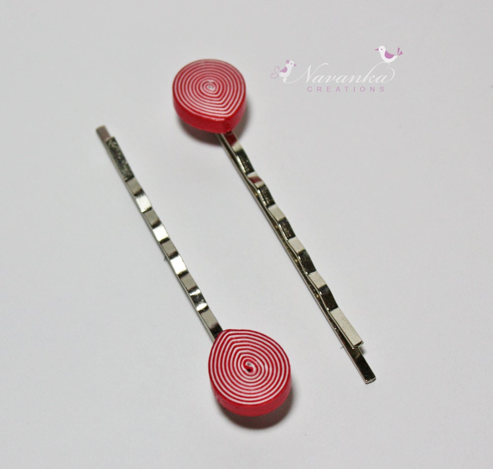 Set of two Red and White Bobby Pins with Paper Quilling