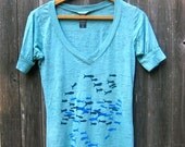 lost in the crowd Fish Tshirt in Aqua, burnout vneck, yoga tee, S,M,L