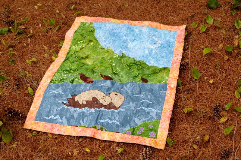 Otter Quilt - Cotton, Applique- Mama and Sleeping Baby Under a Cresent Moon- Spring Flowers