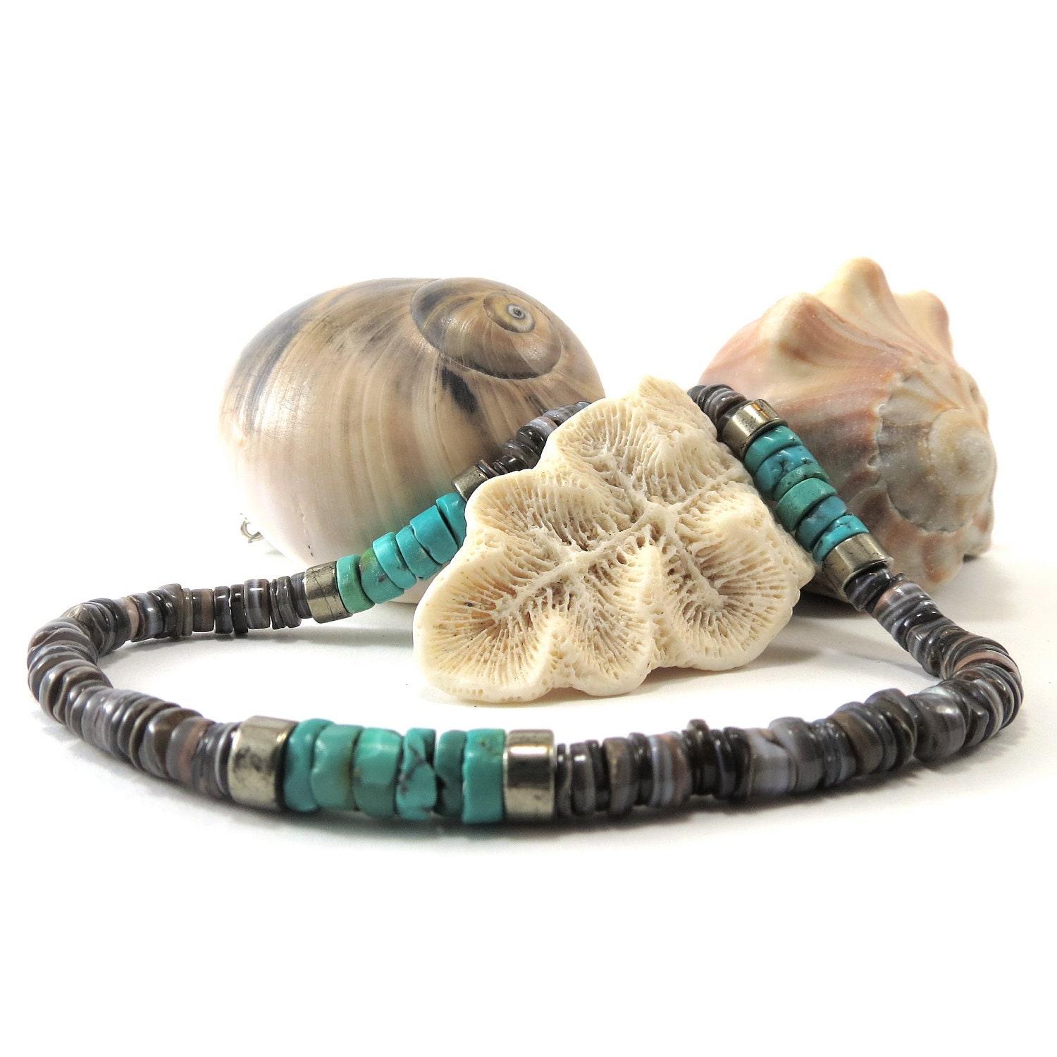 Men's Beaded Necklace of Turquoise, Shell and Pyrite - jagrocks