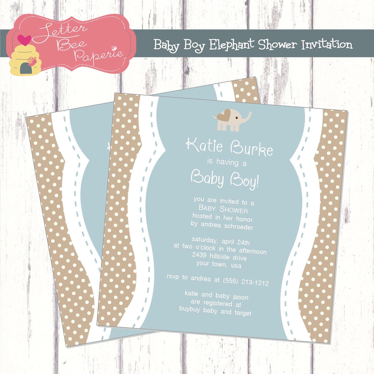 Baby Elephant Custom Boy's Baby Shower Invitation - 3 Patterns to Choose From - DIY Printable File Il_570xn