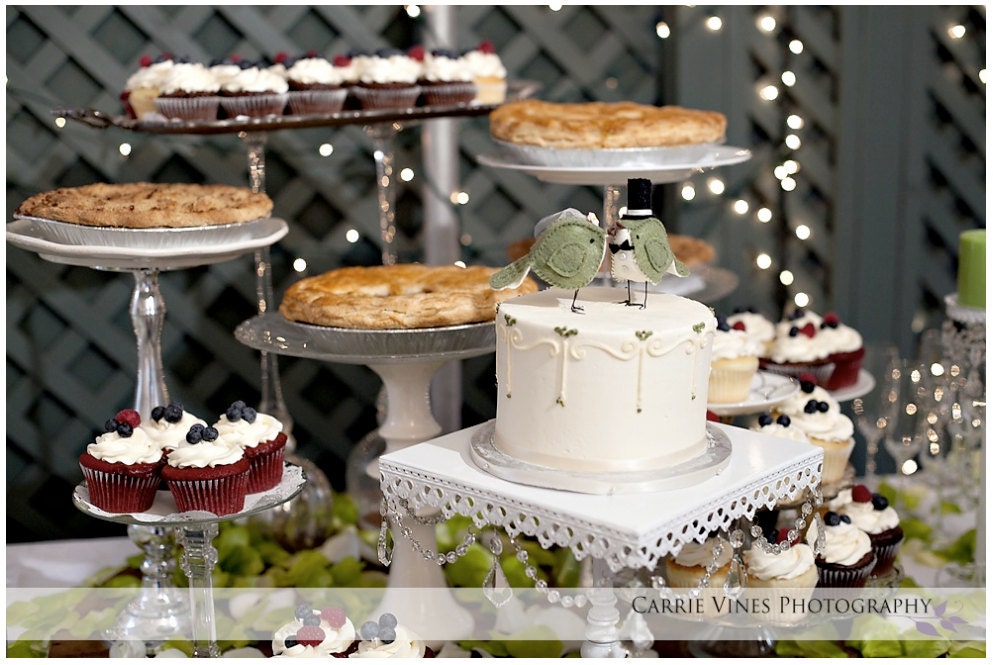 Moss Green Birds with Top Hat Wedding Cake Topper - MADE TO ORDER