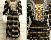 Vintage 70s Boho Hippie Folklore Long Maxi Dress with Belt - Small