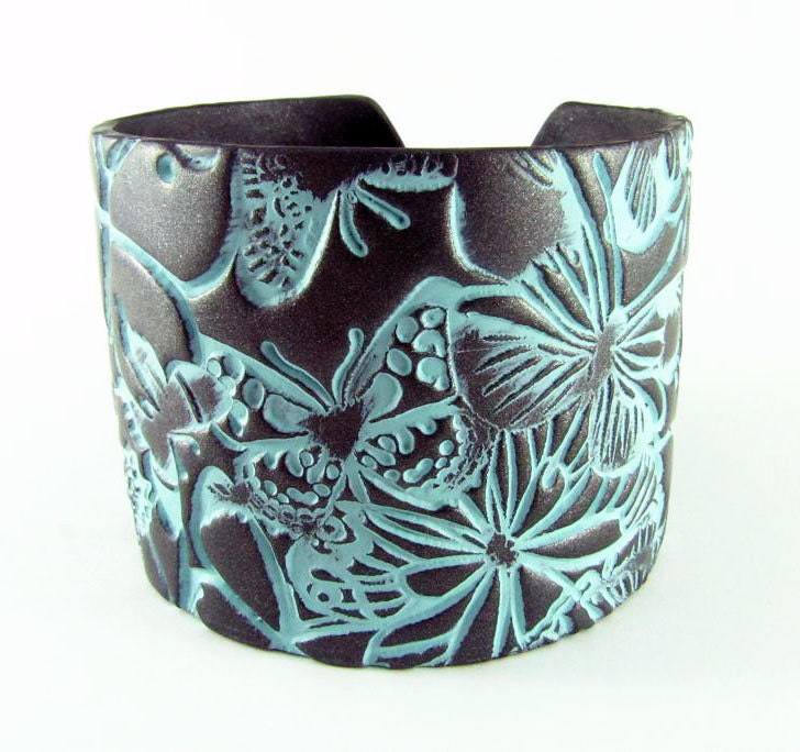 Polymer Clay Jewelry Dark Silver Cuff Bracelet Hand Stamped Wide Cuff Butterfly Jewelry