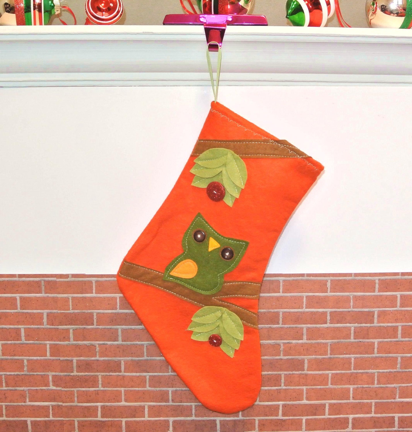 Owl Christmas Stocking in Orange by Allenbrite Studio
