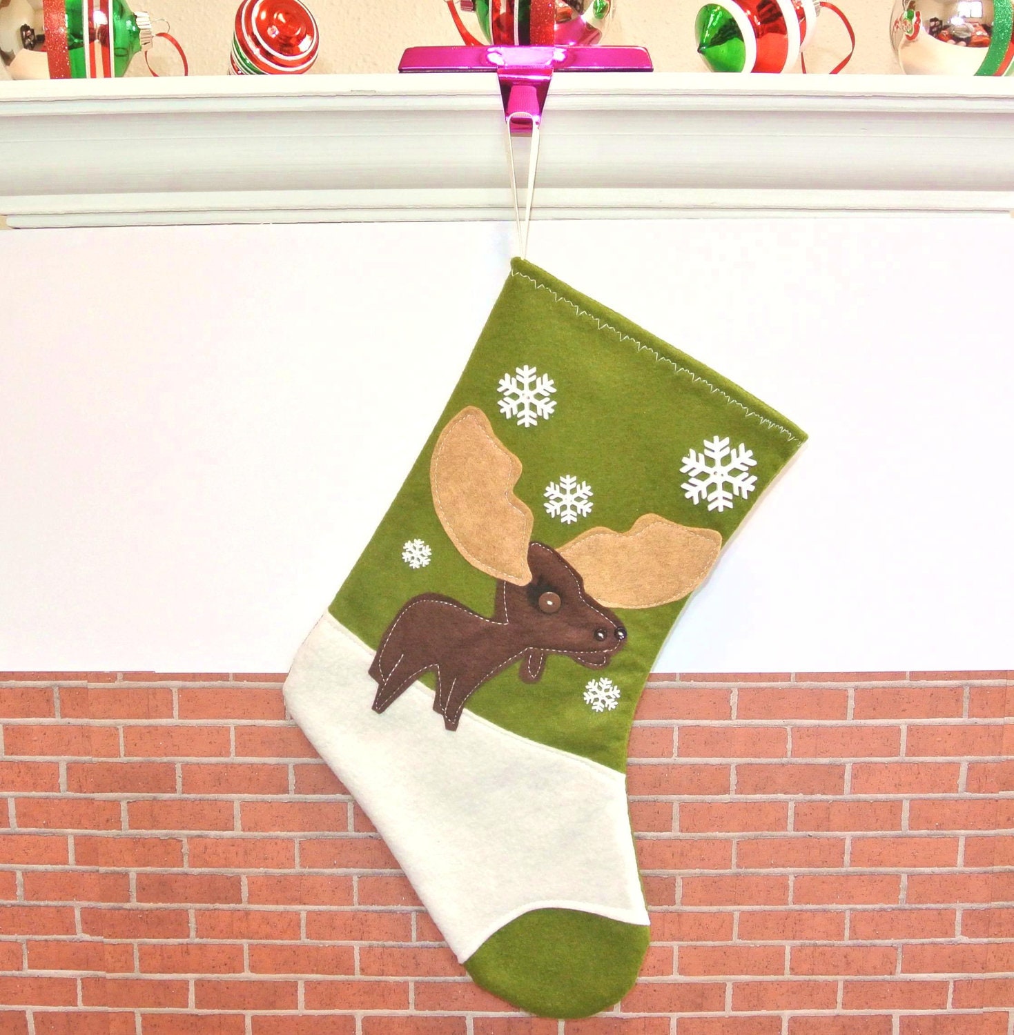 Moose Christmas Stocking in Olive Green by Allenbrite Studio
