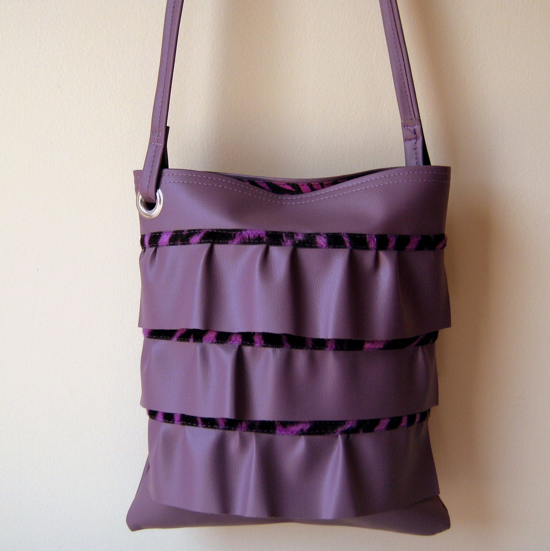 mini strappy (cross body) bag ----  vinyl with new style - purple ruffles with zebra trim