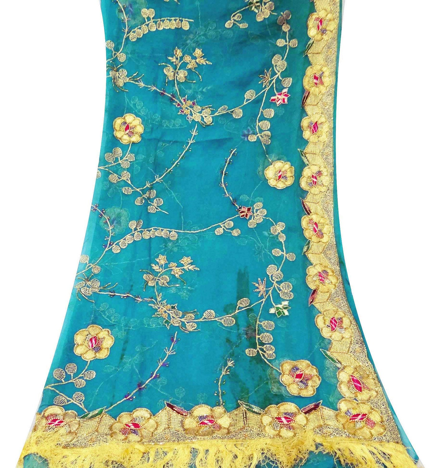Antique Vintage Teal Blue Chiffon Dupatta Metallic Thread Work Bridal Scarf Wedding Recycled Long Stole - QD24