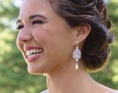 GRACE, Victorian Style Bridal Earrings, White or Ivory Pearl and Rhinestone Chandelier Wedding Earrings, Hollywood Glamour Bridal Jewelry
