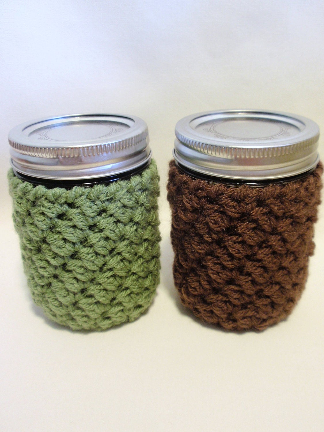 Mason Jar Cozies  Two Jar Sleeves in Chocolate Brown and Garden Pea Green  8 oz. Size  Gift for Her, Aunt, Grandma, Teacher