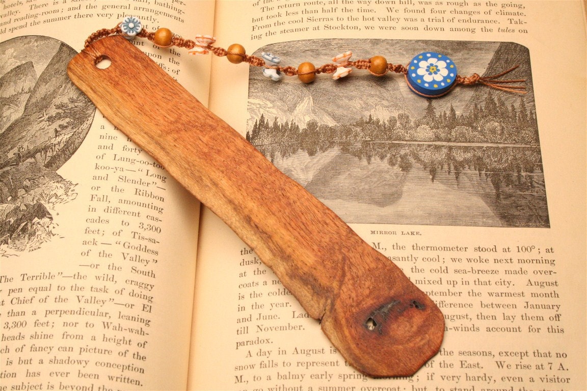 Bohemian style hand made wooden bookmark for saving your place in your cookbook of Mesquite wood