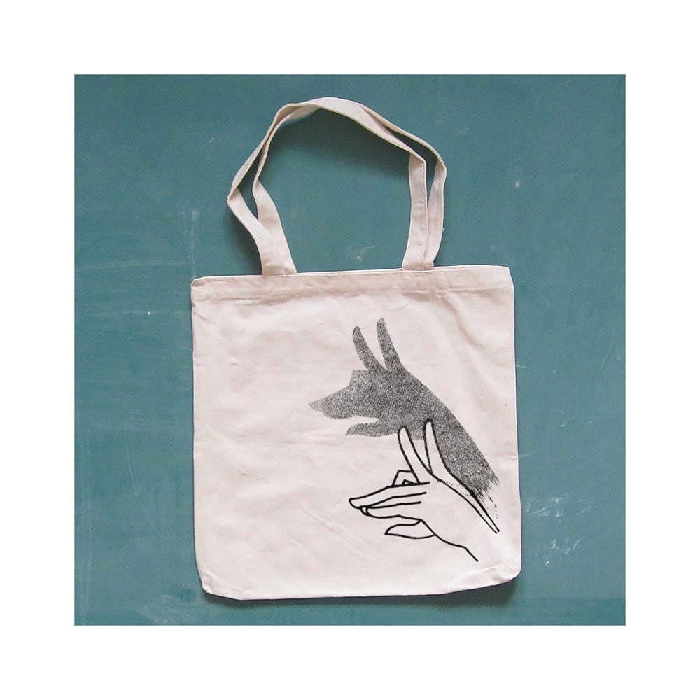 WOLF canvas tote. shadow puppet. natural.