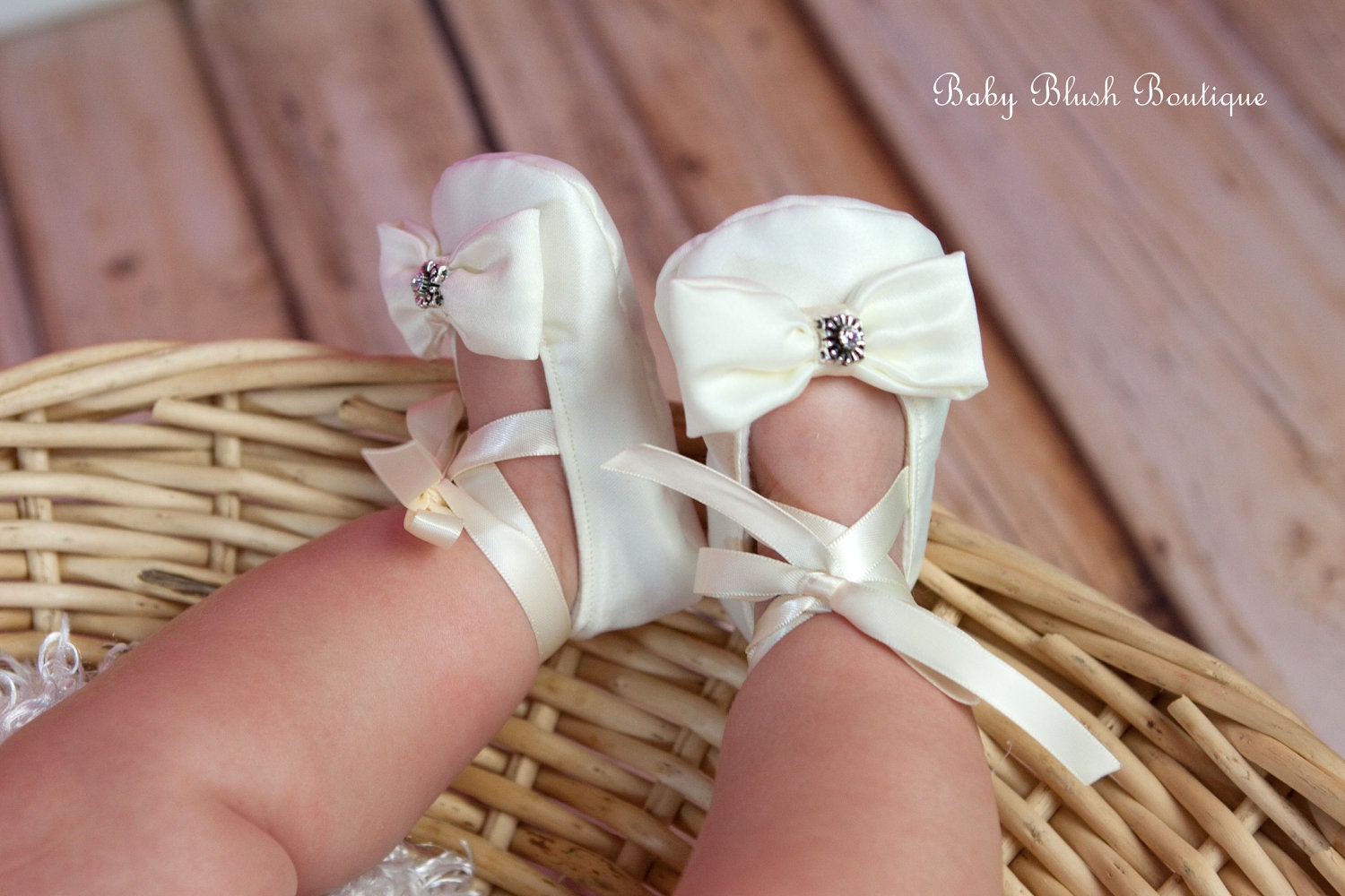 Satin Ivory with Bow Baby Shoes Soft Ballerina Slippers Baby Booties