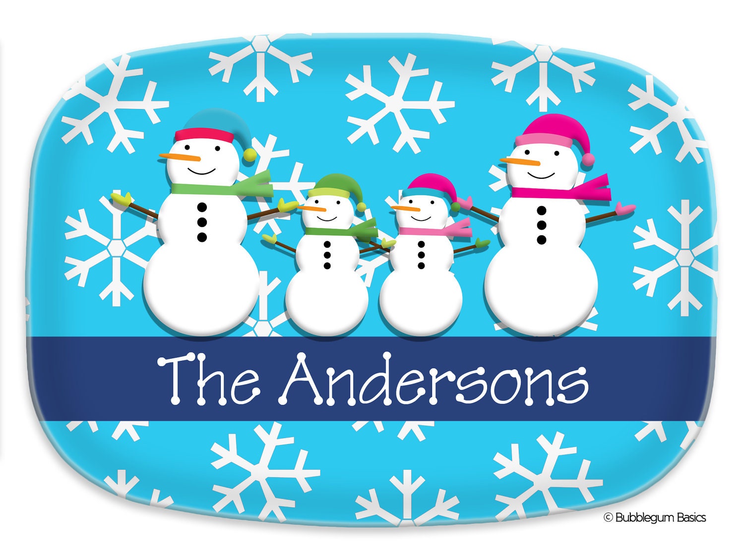 Monogram PLATTER - Melamine - CHRISTMAS HOLIDAY Name - 3 Letter initial - Personalized Custom Family of Snowmen