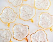 Glass Coasters, Leaf Shaped, Gold Trim, Set of Six (6), Spring Home Decor