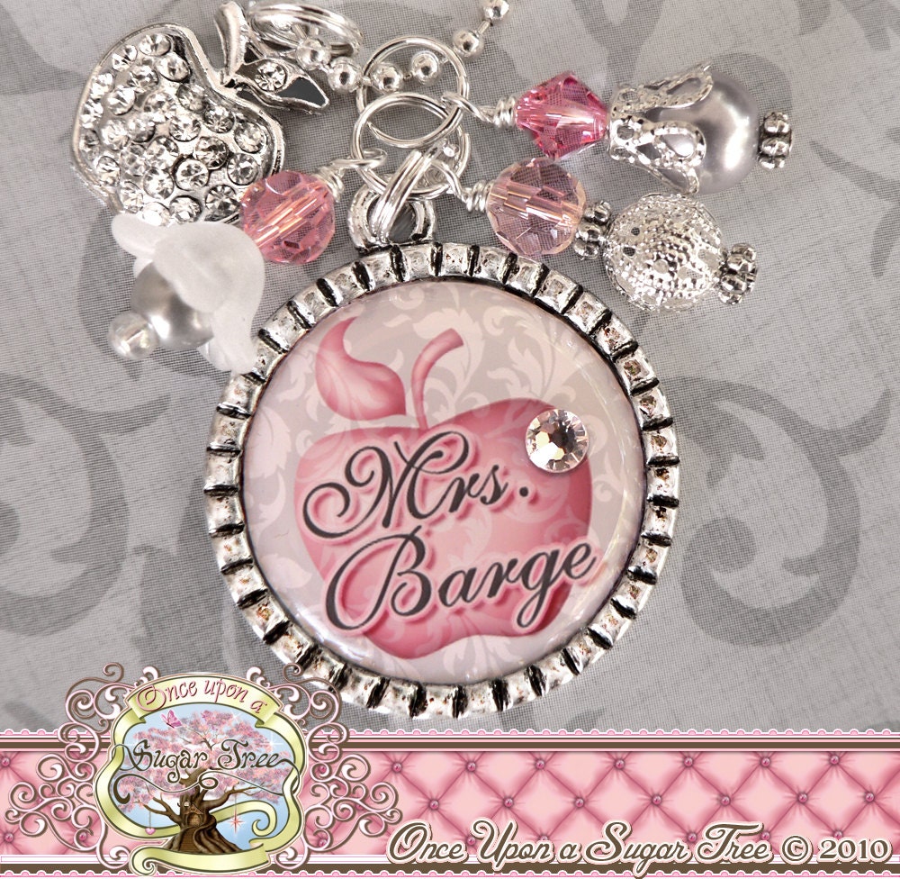 TEACHER GIFT PERSONALIZED Name Bezel Necklace, Damask Print, Apple, Bottle Cap Bottlecap (or Keychain)-Teacher Appreciation Gift Present
