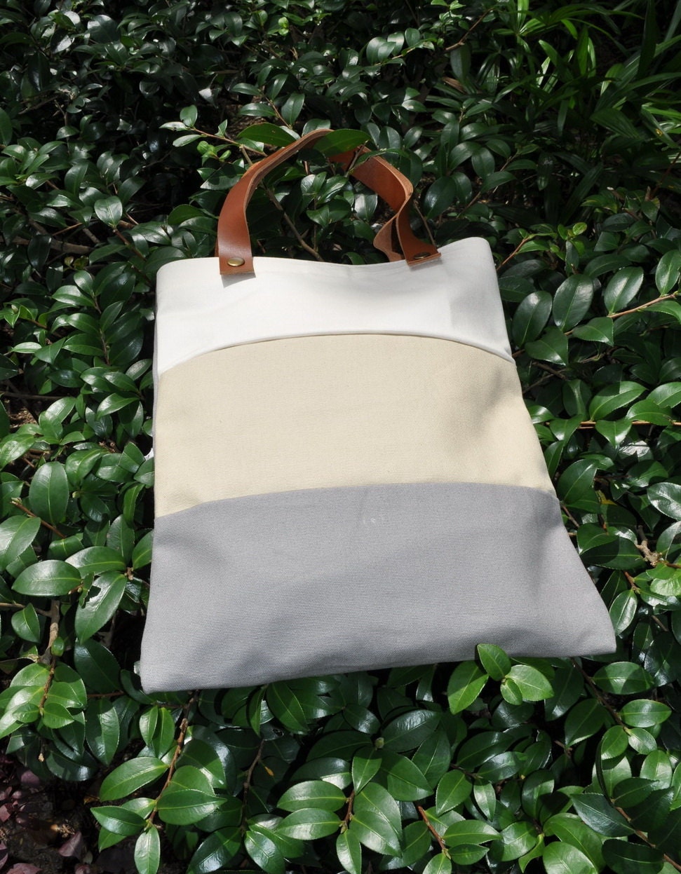 Big Striped Canvas Tote Bag with Leather Strap - Creamy, Walnut and Grey (OWNER WORD)