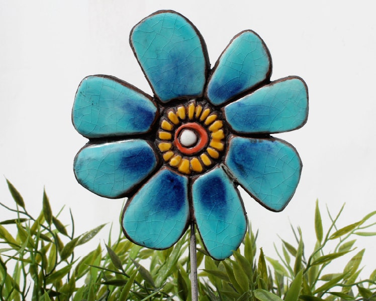 flower garden stake- garden sculpture - garden decor - ceramic and metal - garden art - plant stake - buttercup turquoise