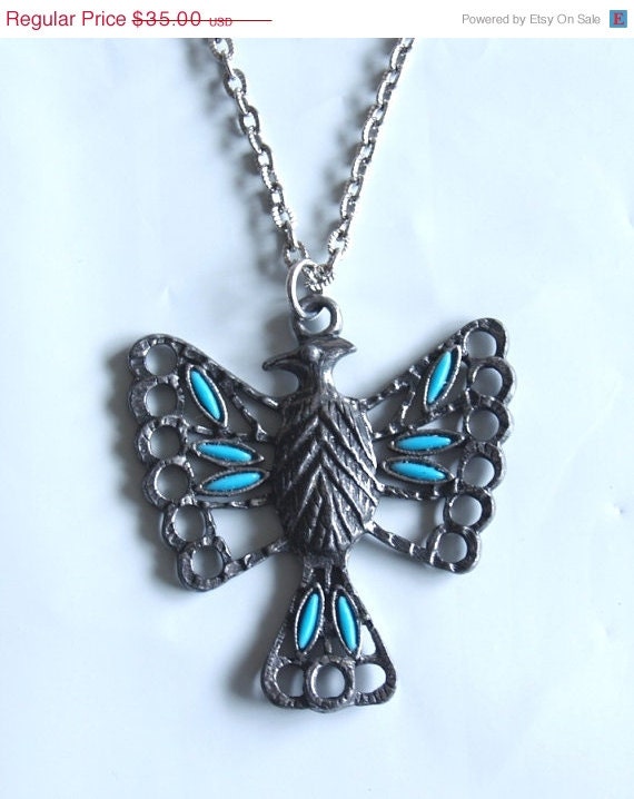 SALE vintage 60s silver THUNDERBIRD southwestern Native TURQUOISE Pendant necklace large hippie ethnic tribal costume jewelry