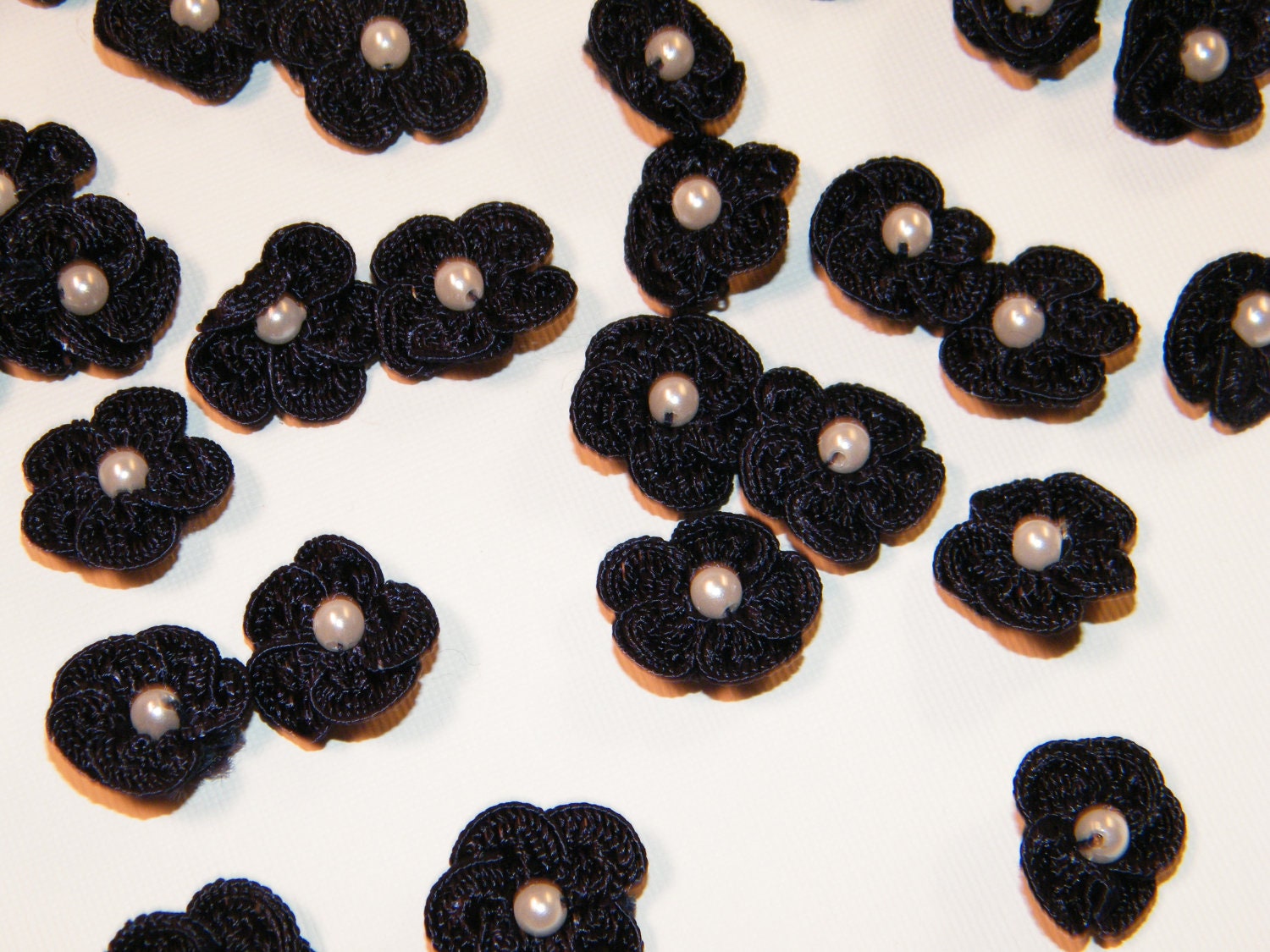 SALE Dark Navy Blue Crochet Flowers with Faux Pearl center- Scrapbook Sewing Embellishments - Craft Supplies - Altered Art Projects