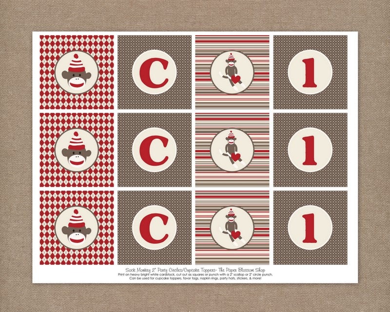 Custom Printable Sock Monkey Birthday Party 2 inch Party Circles/Cupcake Toppers