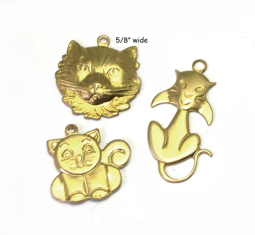 Gold Cat Charms, 26, brass cat charms, brass charms, kitty cat destash lot, charm lot, jewelry making supplies, crafts, assorted